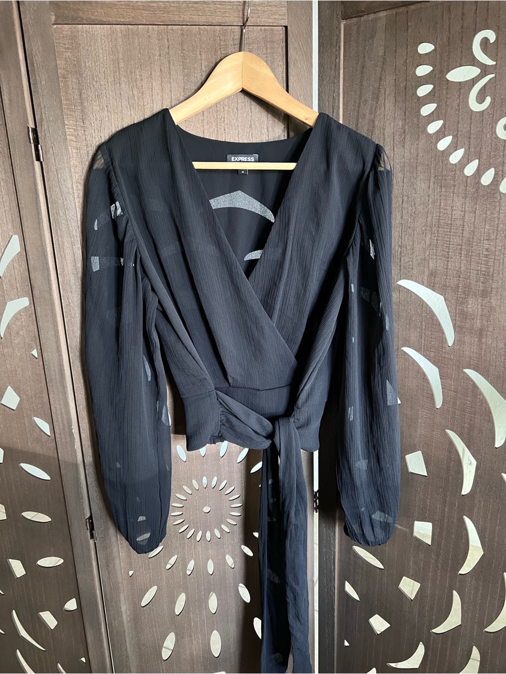 Express Black Wrap Blouse with Sheer Long Sleeves
